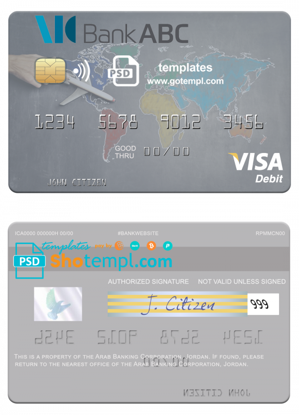 editable template, Jordan Arab Banking Corporation (ABC) visa card fully editable template in PSD format