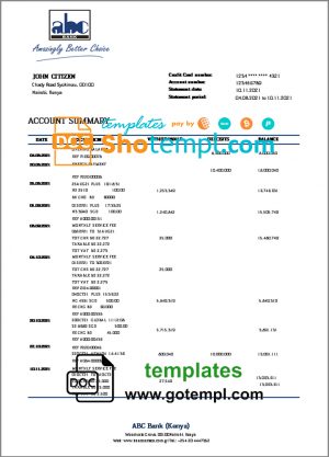 editable template, Kenya ABC bank statement template in Word and PDF format