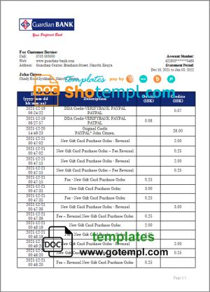 editable template, Kenya Guardian Bank statement template in Word and PDF format