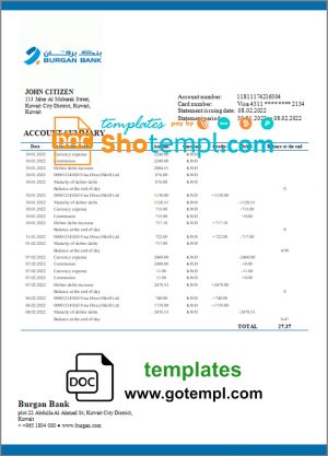 editable template, Kuwait Burgan Bank statement template in Word and PDF format