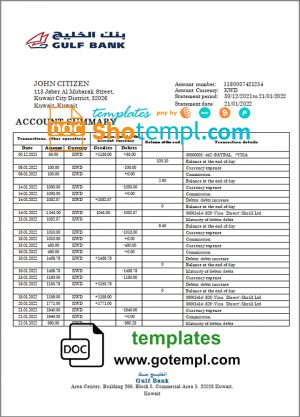 editable template, Kuwait Gulf Bank statement template in  Word and PDF format