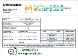 editable template, Kyrgyzstan Optima Bank statement template in Word and PDF format
