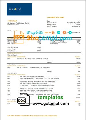 editable template, Laos LCNB Bank statement template in Word and PDF format