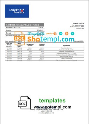 editable template, Laos Lao Viet Bank statement template in Word and PDF format