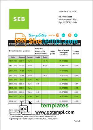 editable template, Latvia SEB Bank statement template in Word and PDF format