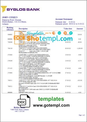 editable template, Lebanon Byblos Bank statement template in Word and PDF format