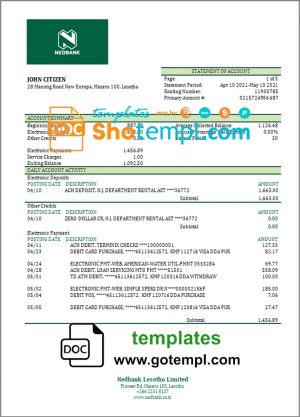 editable template, Lesotho Nedbank bank statement template in Word and PDF format