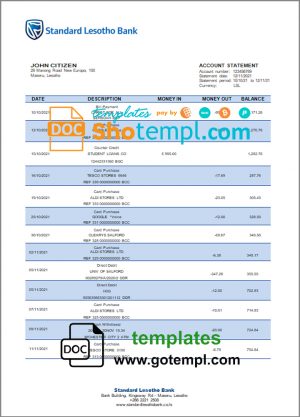 editable template, Lesotho Standard Lesotho Bank statement template in Word and PDF format