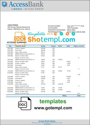 editable template, Liberia Access Bank statement template in Word and PDF format