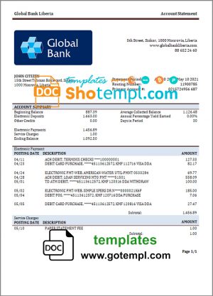 editable template, Liberia Global Bank statement template in Word and PDF format