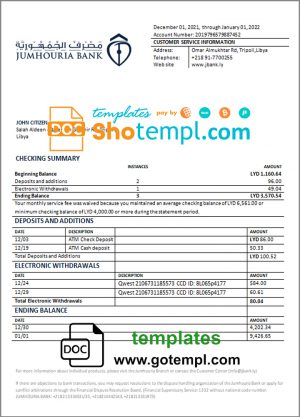 editable template, Libya Jumhouria Bank statement template in Word and PDF format