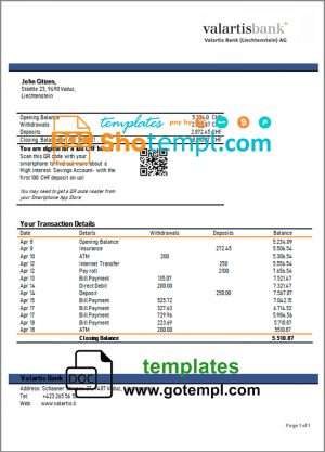 editable template, Liechtenstein Valartis bank statement template in Word and PDF format