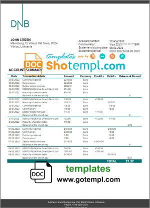 editable template, Lithuania (Litva) DNB bank  statement template in Word and PDF format