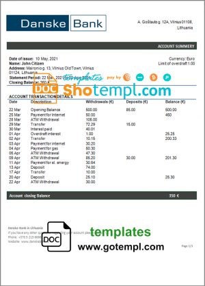 editable template, Lithuania (Litva) Danske bank  statement template in Word and PDF format