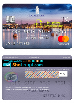 editable template, Malta Lombard bank mastercard, fully editable template in PSD format