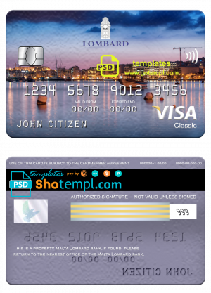 editable template, Malta Lombard bank visa classic card, fully editable template in PSD format