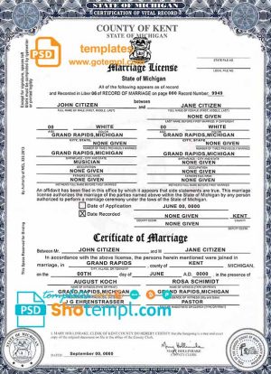 editable template, USA state Michigan Kent County marriage certificate template in PSD format, fully editable, version 2
