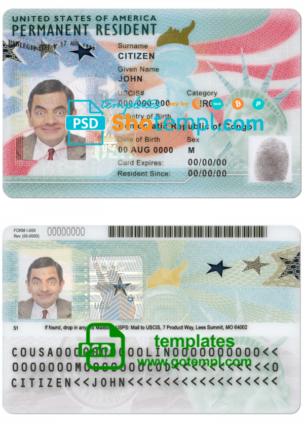 editable template, USA green card, permanent resident card template in PSD format, fully editable (2020 - present)