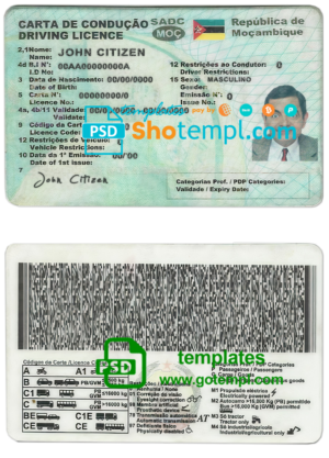 editable template, Mozambique driving license template in PSD format, fully editable