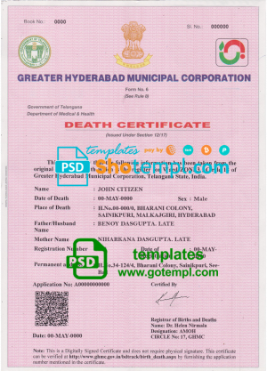 editable template, India death certificate template in PSD format, fully editable