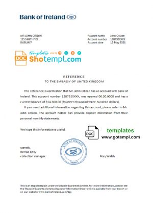 editable template, Ireland Bank of Ireland account balance reference letter template in Word and PDF format