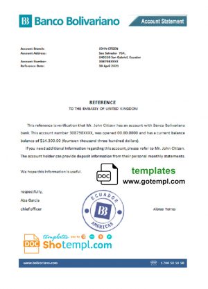 editable template, Ecuador Banco Bolivariano bank account balance reference letter template in Word and PDF format