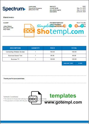 editable template, USA Spectrum invoice template in Word and PDF format, fully editable