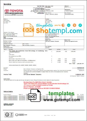 editable template, USA Toyota invoice template in Word and PDF format, fully editable