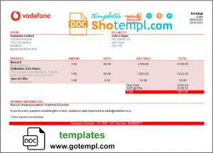 editable template, USA Vodafone invoice template in Word and PDF format, fully editable