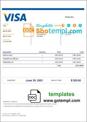 editable template, USA Visa invoice template in Word and PDF format, fully editable