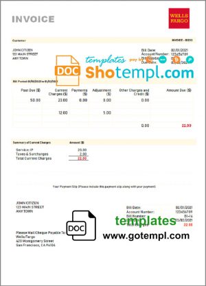 editable template, USA Wells Fargo invoice template in Word and PDF format, fully editable