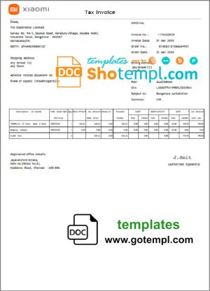 editable template, USA Xiaomi invoice template in Word and PDF (.doc and .pdf) format