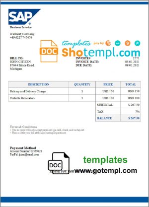 editable template, USA SAP invoice template in Word and PDF format, fully editable
