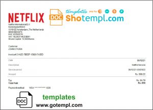 editable template, USA Netflix invoice template in Word and PDF format, fully editable
