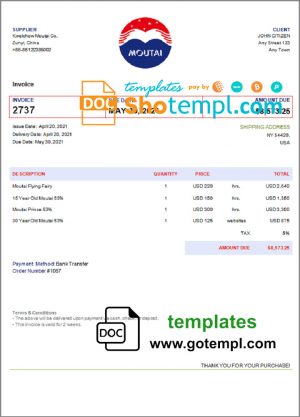 editable template, USA Moutai invoice template in Word and PDF format, fully editable