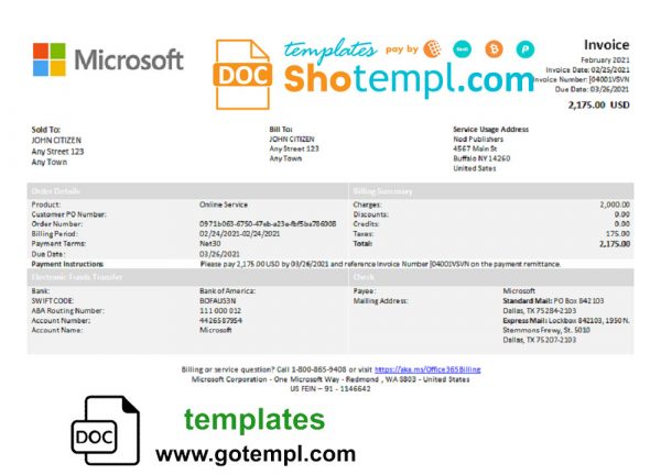 editable template, USA Microsoft invoice template in Word and PDF format, fully editable