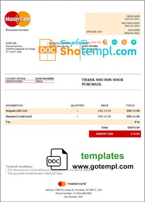 editable template, USA MasterCard invoice template in Word and PDF format, fully editable
