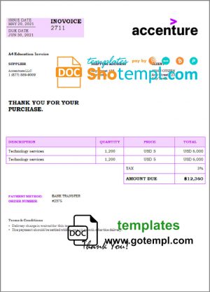 editable template, USA Accenture invoice template in Word and PDF format, fully editable