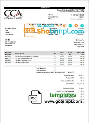 editable template, USA Coca-Cola invoice template in Word and PDF format, fully editable