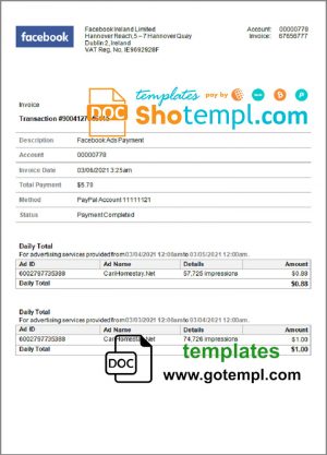 editable template, USA Facebook invoice template in Word and PDF format, fully editable