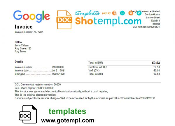 editable template, USA Google invoice template in Word and PDF format, fully editable