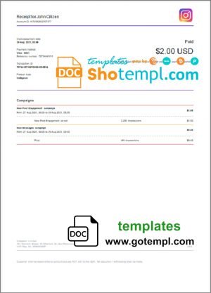 editable template, USA Instagram invoice template in Word and PDF format, fully editable