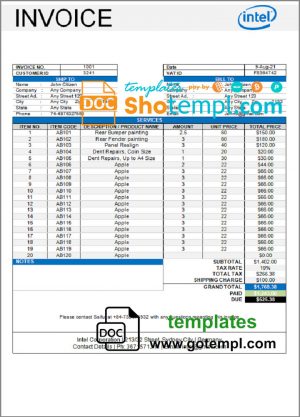 editable template, USA Intel invoice template in Word and PDF format, fully editable