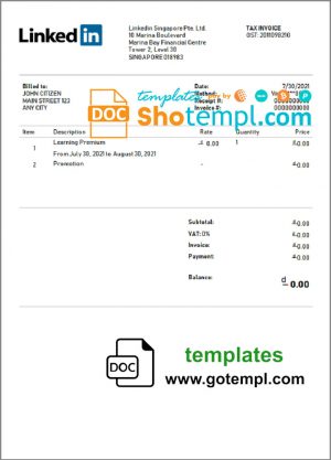 editable template, USA Linkedin invoice template in Word and PDF format, fully editable