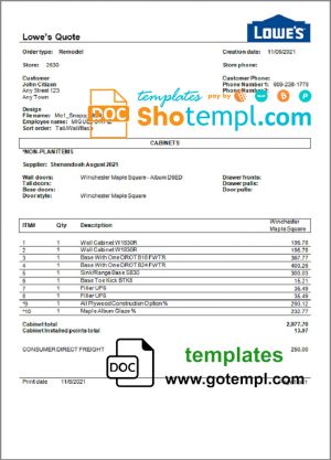 editable template, USA Lowe's invoice template in Word and PDF format, fully editable