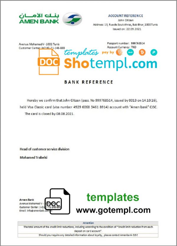 editable template, Tunisia Amen bank account closure reference letter template in Word and PDF format