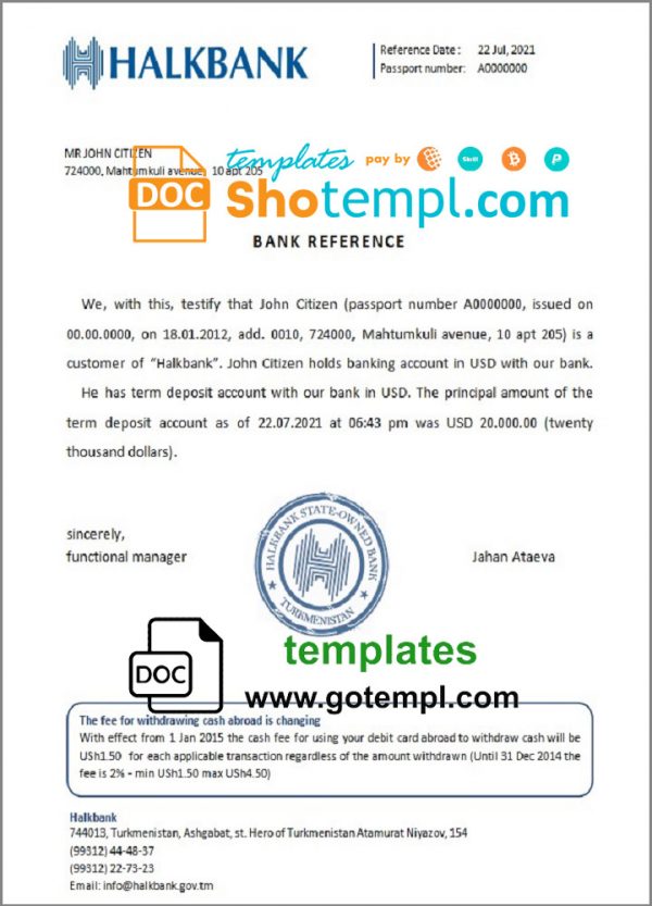editable template, Turkmenistan Halkbank account balance reference letter template in Word and PDF format