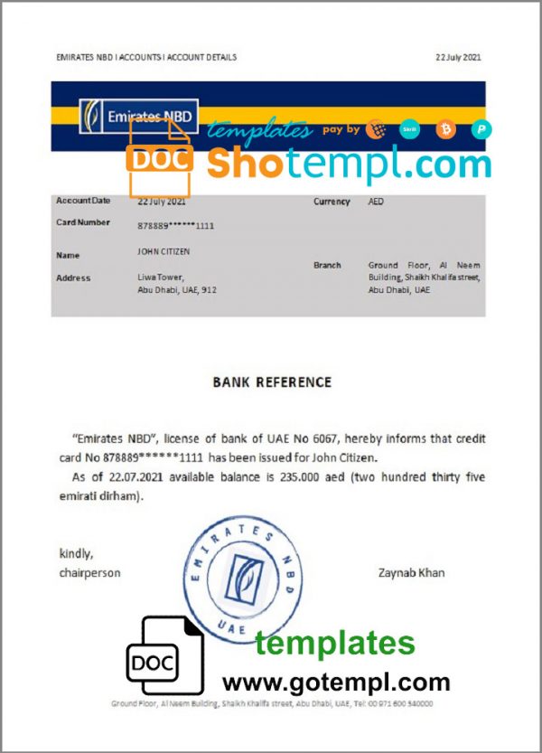 editable template, UAE Emirates NBD bank account balance reference letter template in Word and PDF format