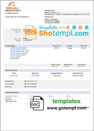 editable template, USA Alibaba invoice template in Word and PDF format, fully editable