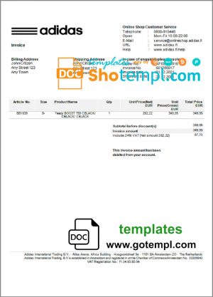 editable template, USA Adidas invoice template in Word and PDF format, fully editable
